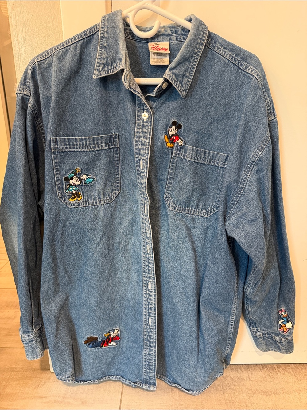 Vintage XL Disney Denim Shirt with Mickey & Friends Embroidered Patches